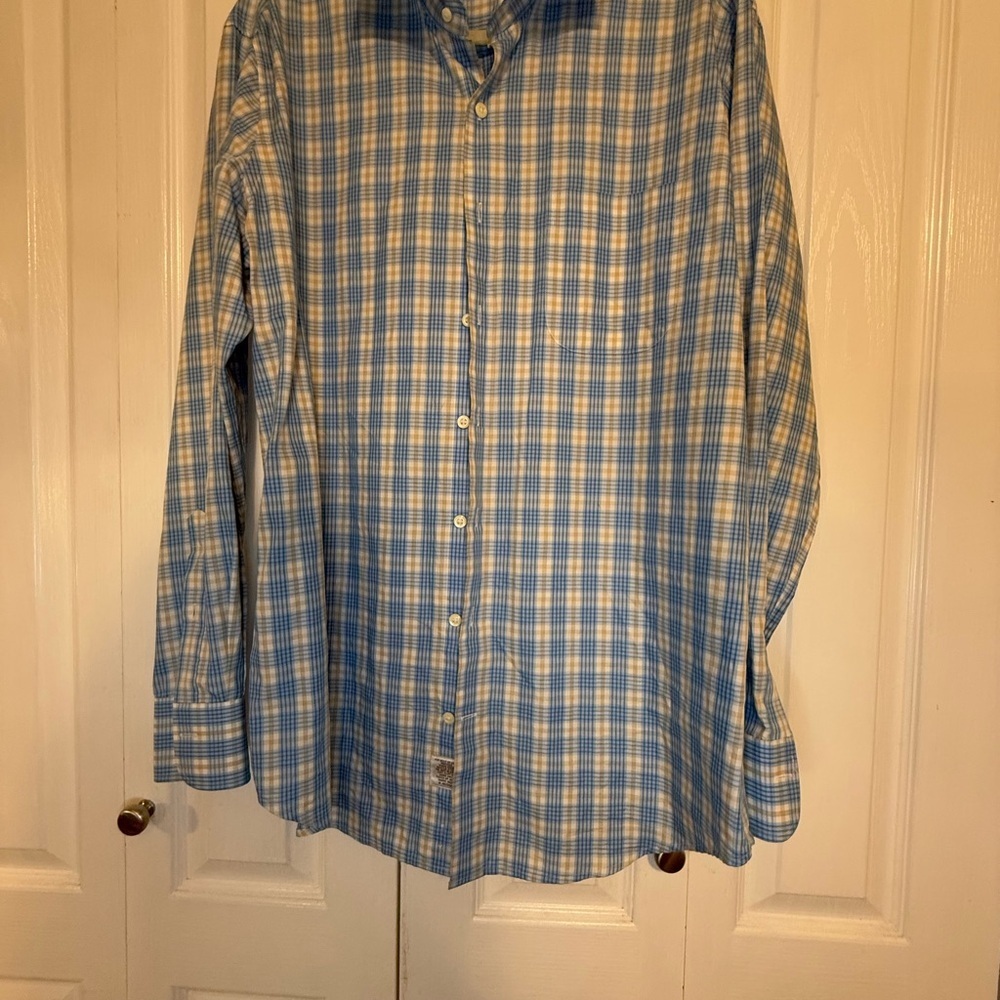 Peter‎ Millar Button Down Shirt Mens Large Blue Tan Plaid Long Sleeve Cotton